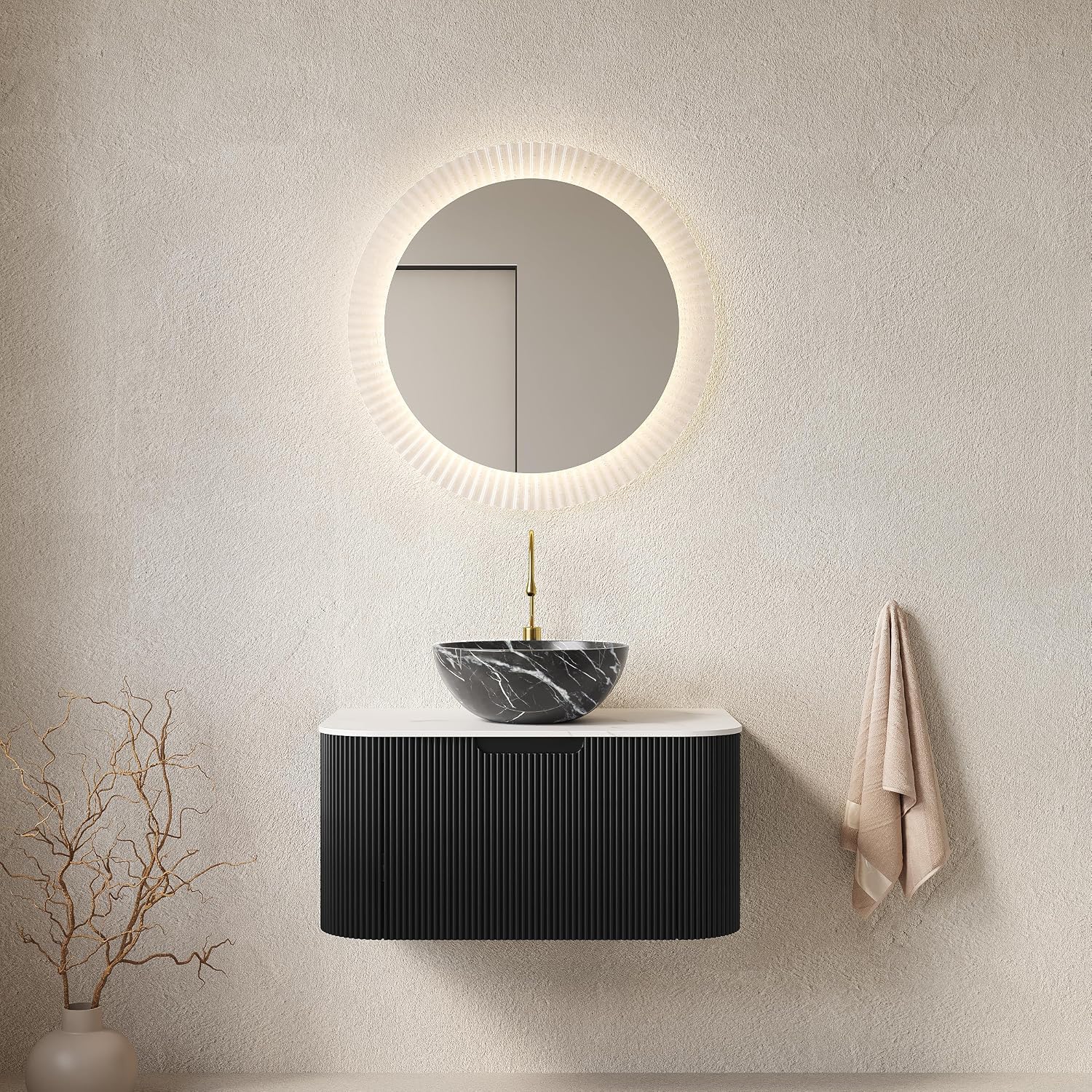 Yayzy 30' Floating Bathroom Vanity with Sink, Solid Wood Fluted Cabinet, White Marble-Patterned Ceramic Basin & Faux Marble Top, Soft-Close Drawer, Pre-Assembled, Gloss Black
