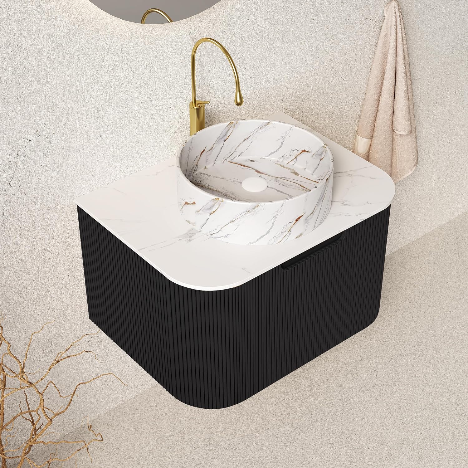 Yayzy 24' Floating Bathroom Vanity with Sink, Solid Wood Fluted Cabinet, White Marble-Patterned Ceramic Basin & Faux Marble Top, Soft-Close Drawer, Pre-Assembled, Gloss Black
