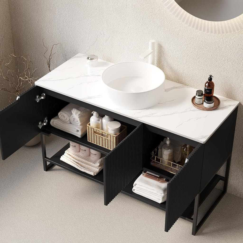 48' Black Bathroom Vanity with Round Ceramic Basin & Marble Top, Freestanding Bathroom Storage Cabinet with 3 Doors and Open Shelf, Modern Single Sink Bathroom Vanities with Soft Close System
