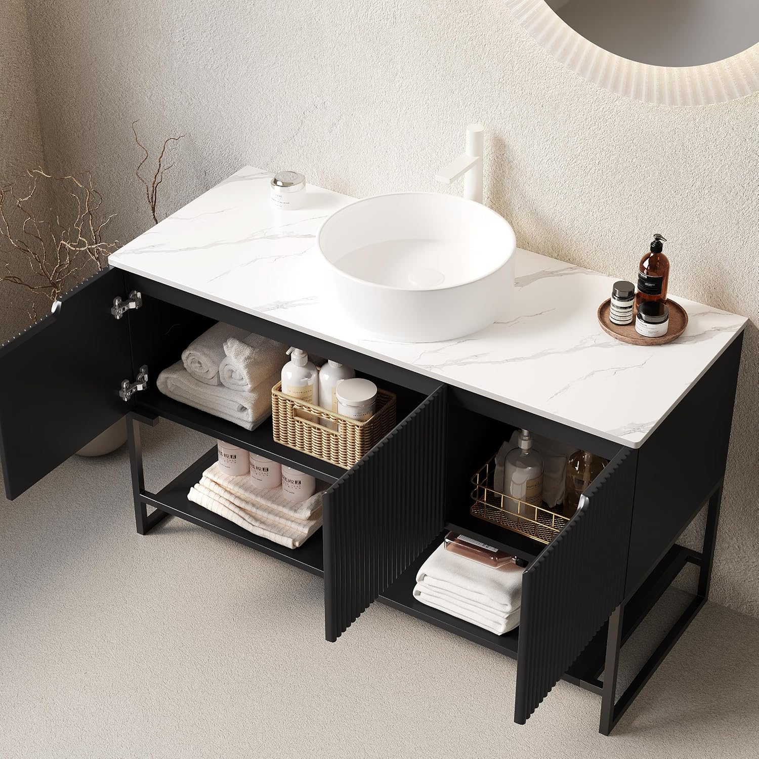 48' Black Bathroom Vanity with Round Ceramic Basin & Marble Top, Freestanding Bathroom Storage Cabinet with 3 Doors and Open Shelf, Modern Single Sink Bathroom Vanities with Soft Close System