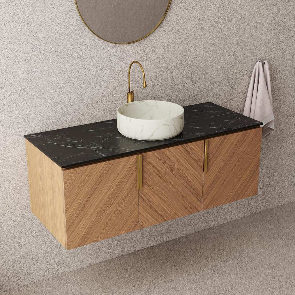 LKTART 48 Inch Bathroom Vanity with Sink, Modern Wall Mounted Bathroom Sink with 3 Doors, Black Sintered Stone Countertop and Stone Round Ceramic Basin
