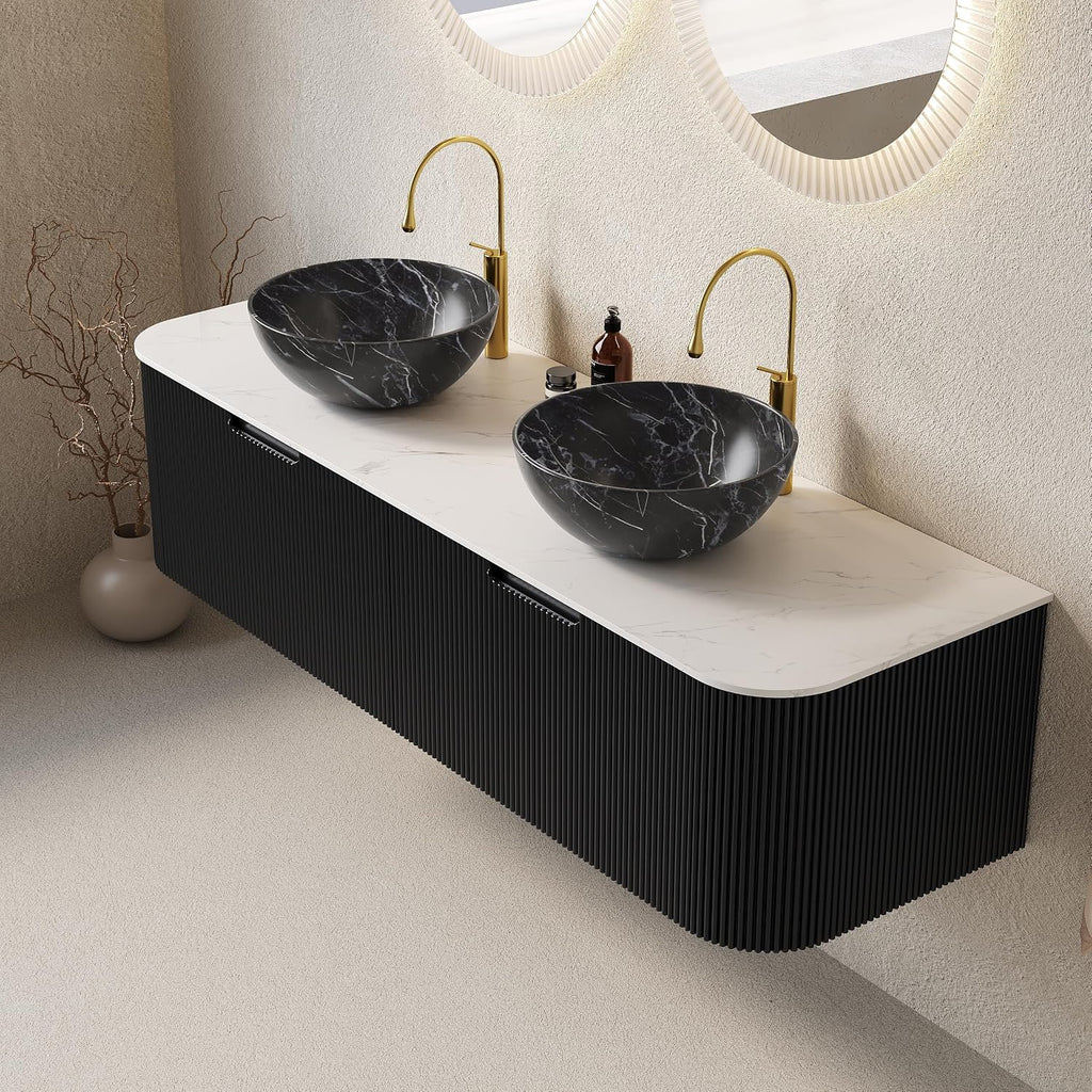 Yayzy 60' Floating Bathroom Vanity with Sink, Solid Wood Fluted Cabinet, White Marble-Patterned Ceramic Basin & Faux Marble Top, Soft-Close Drawer, Pre-Assembled, Gloss Black