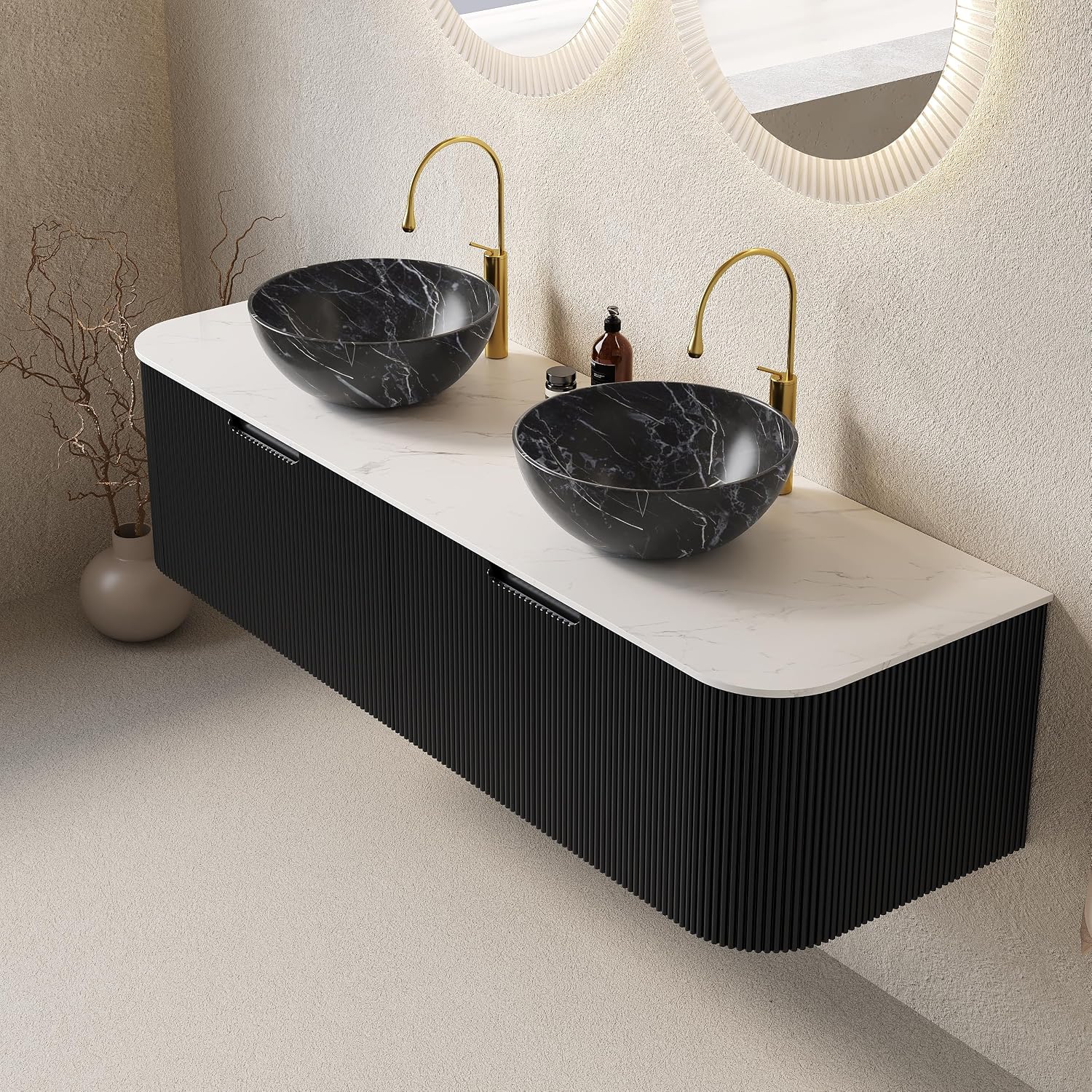 Yayzy 60' Floating Bathroom Vanity with Sink, Solid Wood Fluted Cabinet, White Marble-Patterned Ceramic Basin & Faux Marble Top, Soft-Close Drawer, Pre-Assembled, Gloss Black