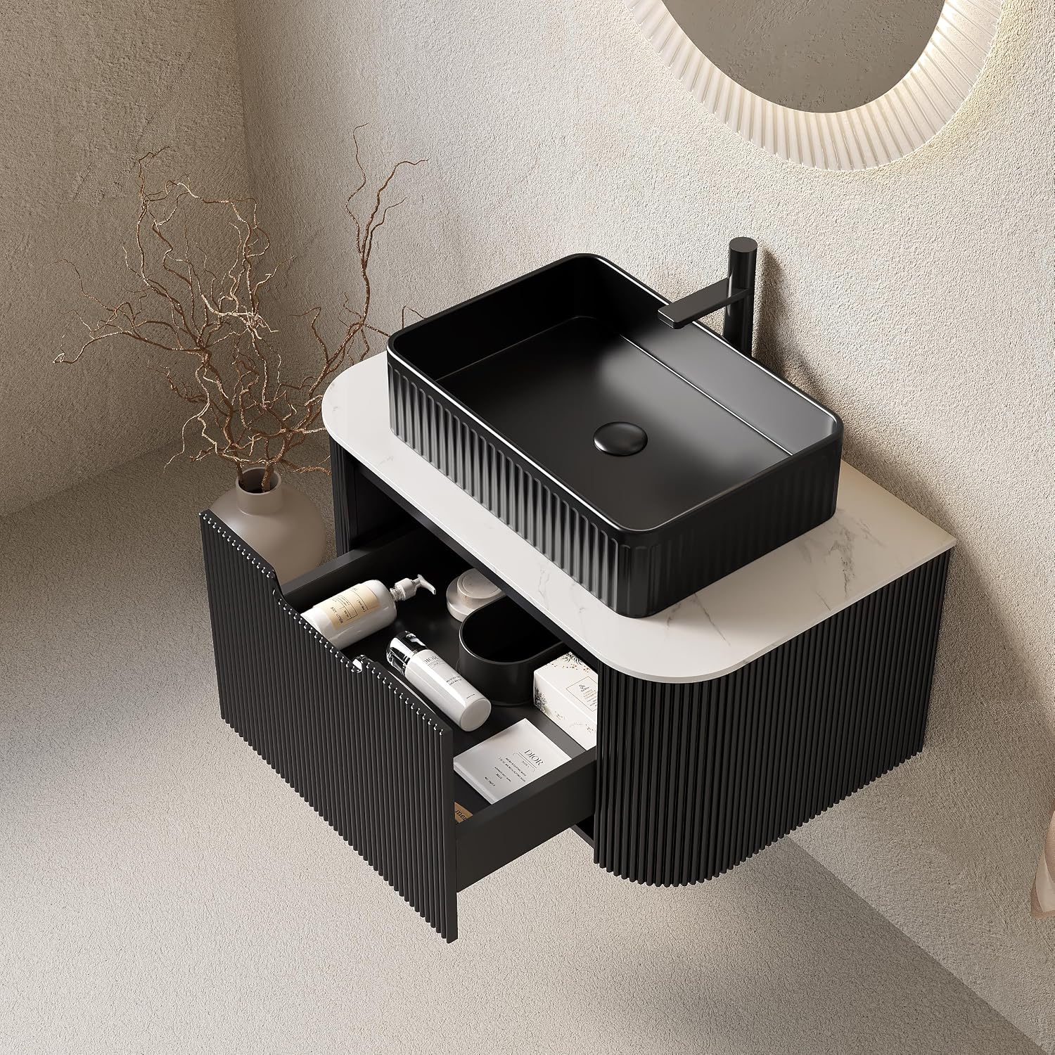 Yayzy 30' Floating Bathroom Vanity with Sink, Solid Wood Fluted Cabinet, Black Fluted Square Ceramic Basin & Faux Marble Top, Soft-Close Drawer, Pre-Assembled, Gloss Black