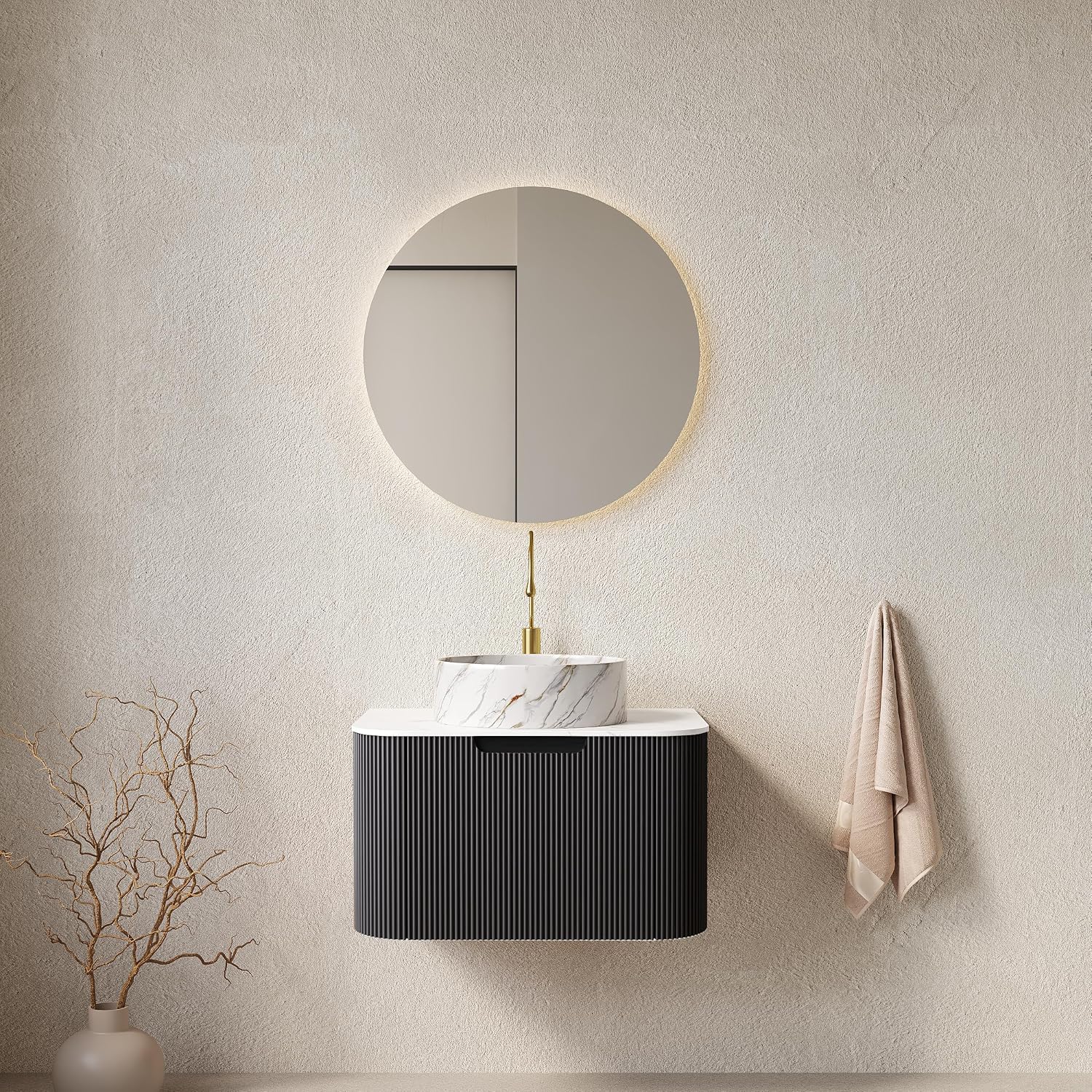 Yayzy 24' Floating Bathroom Vanity with Sink, Solid Wood Fluted Cabinet, White Marble-Patterned Ceramic Basin & Faux Marble Top, Soft-Close Drawer, Pre-Assembled, Gloss Black