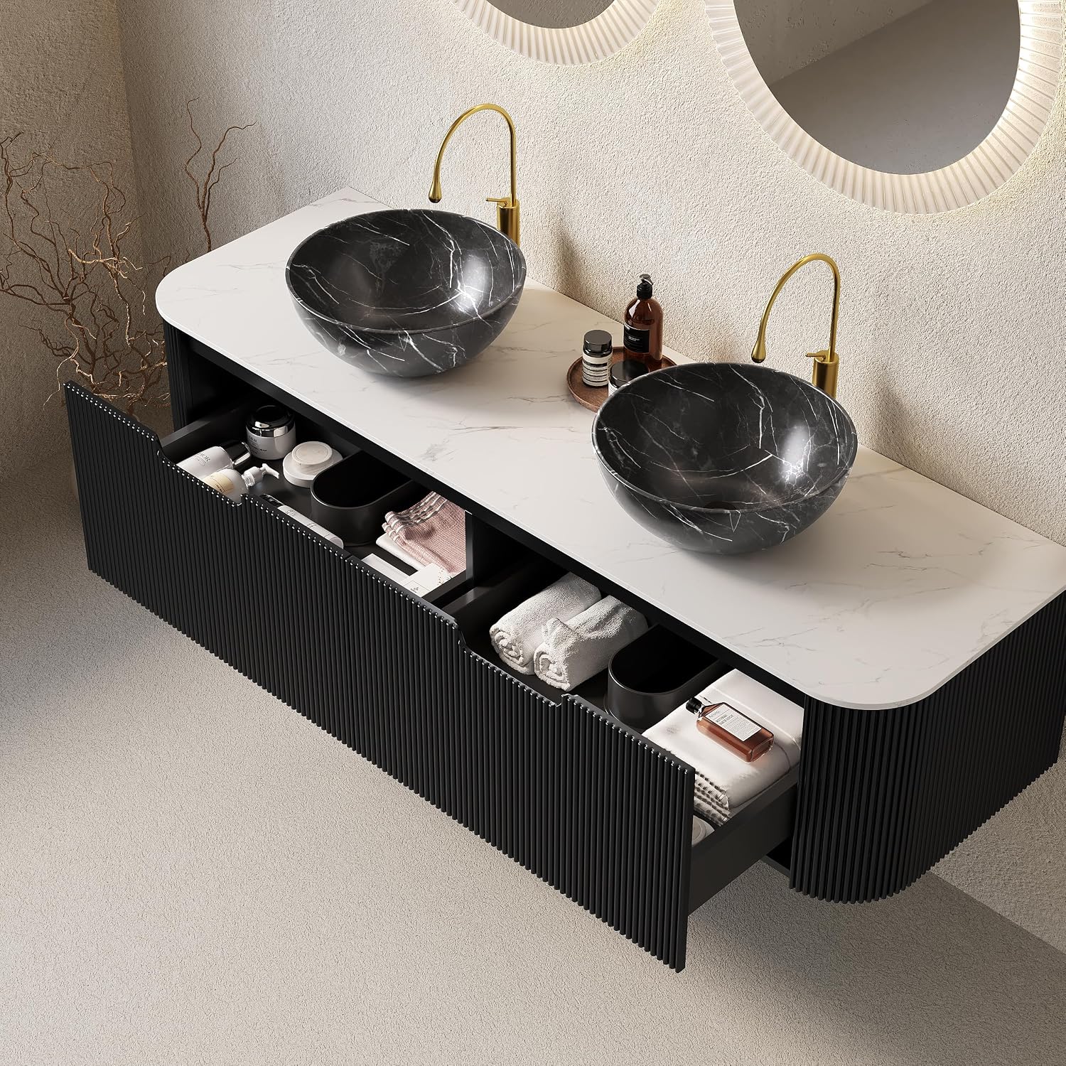 Yayzy 60' Floating Bathroom Vanity with Sink, Solid Wood Fluted Cabinet, White Marble-Patterned Ceramic Basin & Faux Marble Top, Soft-Close Drawer, Pre-Assembled, Gloss Black