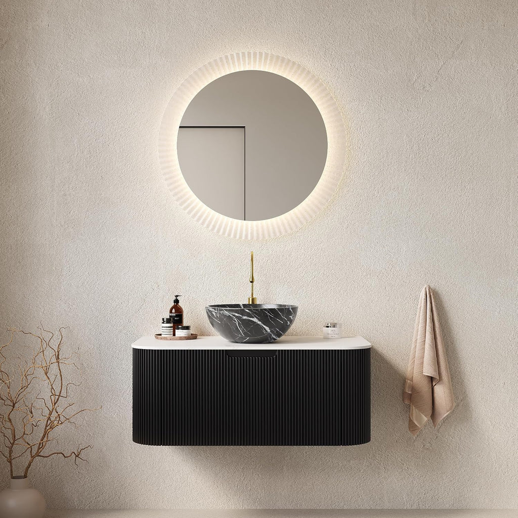 Yayzy 36' Floating Bathroom Vanity with Sink, Solid Wood Fluted Cabinet, White Marble-Patterned Ceramic Basin & Faux Marble Top, Soft-Close Drawer, Pre-Assembled, Gloss Black