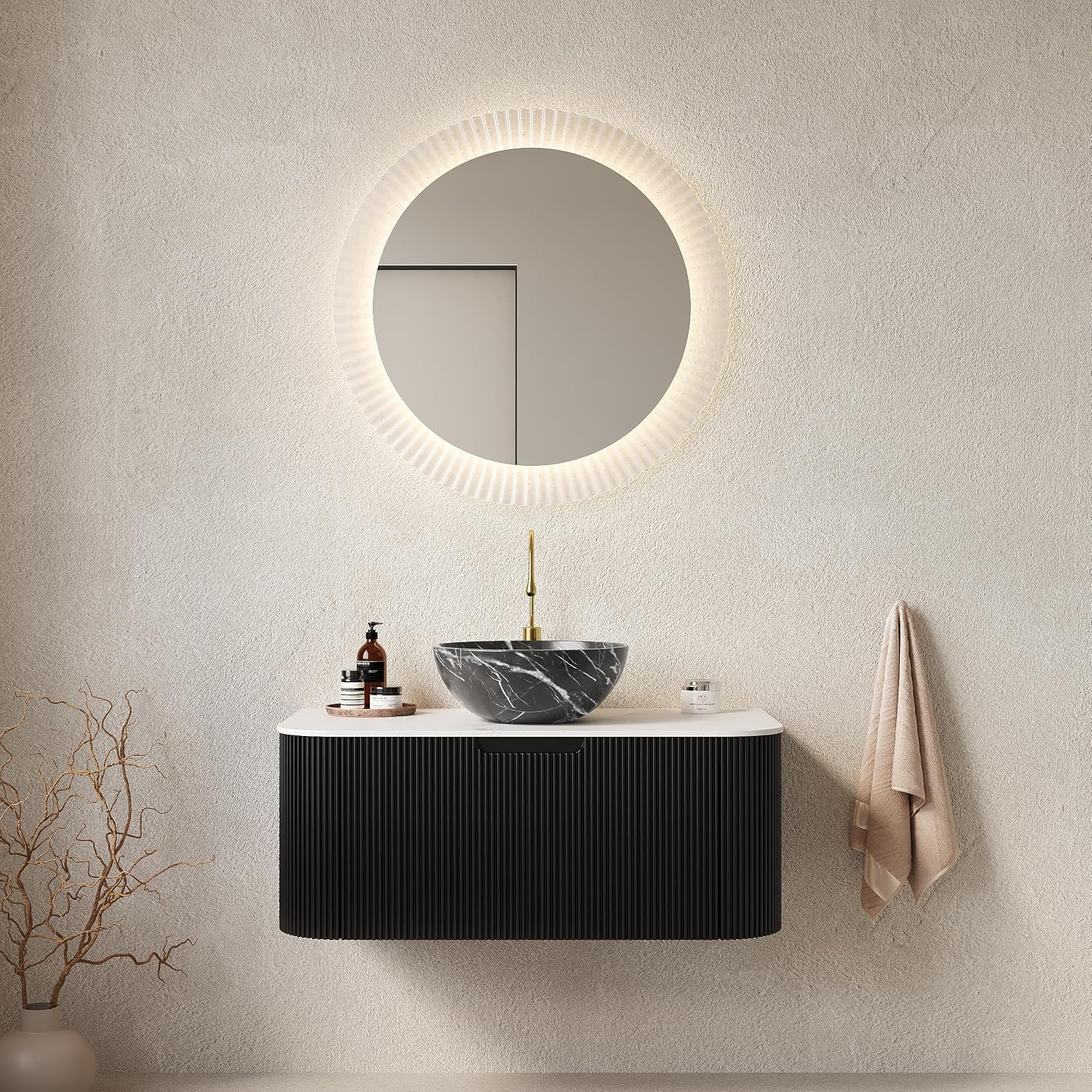 Yayzy 36' Floating Bathroom Vanity with Sink, Solid Wood Fluted Cabinet, White Marble-Patterned Ceramic Basin & Faux Marble Top, Soft-Close Drawer, Pre-Assembled, Gloss Black