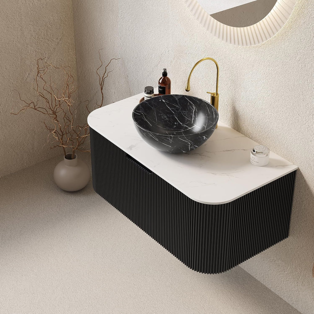 Yayzy 36' Floating Bathroom Vanity with Sink, Solid Wood Fluted Cabinet, White Marble-Patterned Ceramic Basin & Faux Marble Top, Soft-Close Drawer, Pre-Assembled, Gloss Black