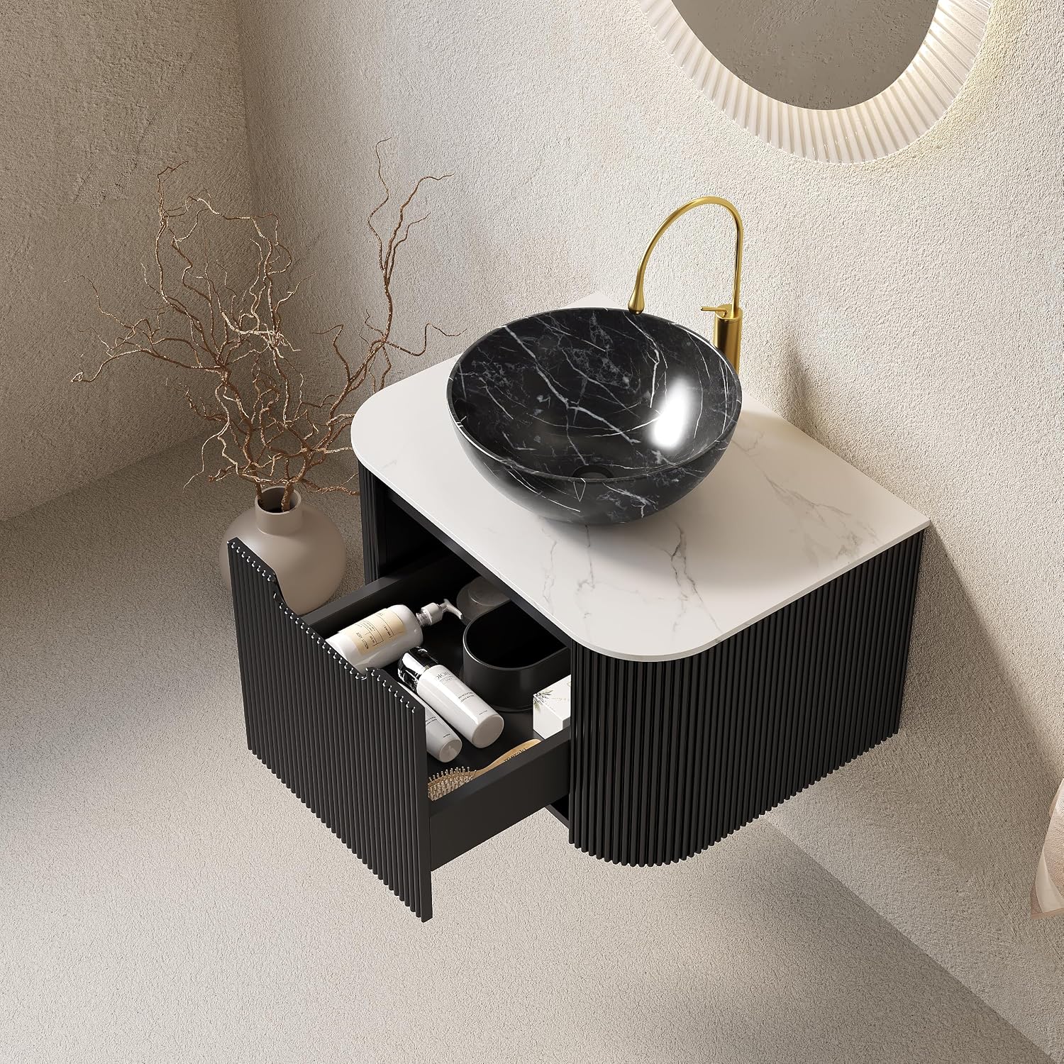 Yayzy 24' Floating Bathroom Vanity with Sink, Solid Wood Fluted Cabinet, White Marble-Patterned Ceramic Basin & Faux Marble Top, Soft-Close Drawer, Pre-Assembled, Gloss Black