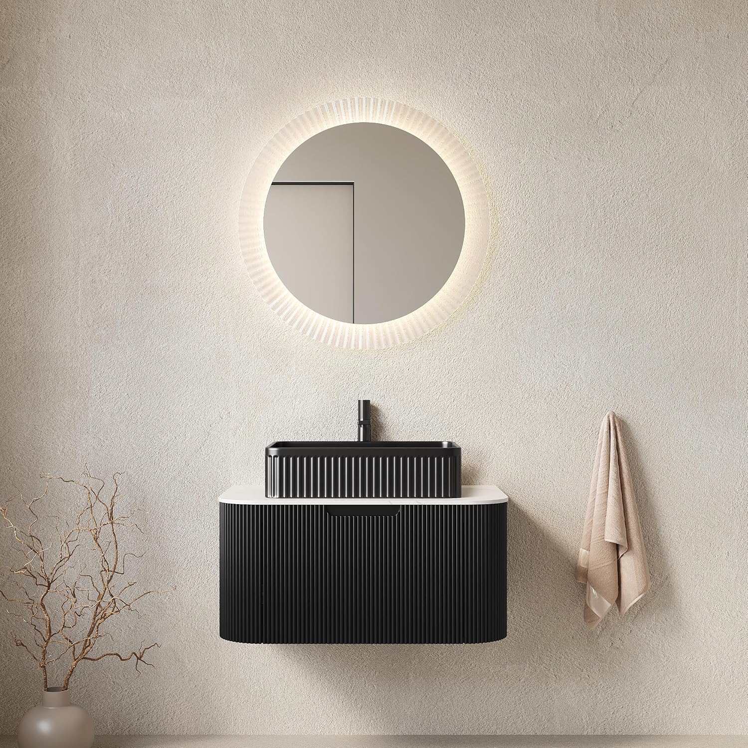 Yayzy 30' Floating Bathroom Vanity with Sink, Solid Wood Fluted Cabinet, Black Fluted Square Ceramic Basin & Faux Marble Top, Soft-Close Drawer, Pre-Assembled, Gloss Black