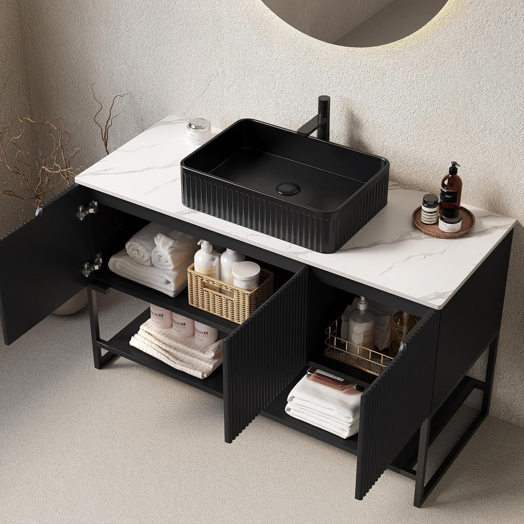 48' Black Bathroom Vanity with Rectangular Ceramic Basin & Marble Top, Freestanding Bathroom Storage Cabinet with 3 Doors and Open Shelf, Modern Single Sink Bathroom Vanities with Soft Close System