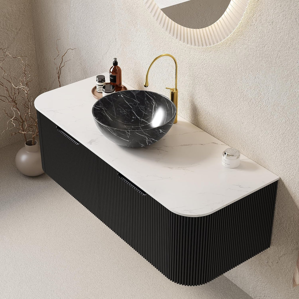 Yayzy 48' Floating Bathroom Vanity with Sink, Solid Wood Fluted Cabinet, White Marble-Patterned Ceramic Basin & Faux Marble Top, Soft-Close Drawer, Pre-Assembled, Gloss Black