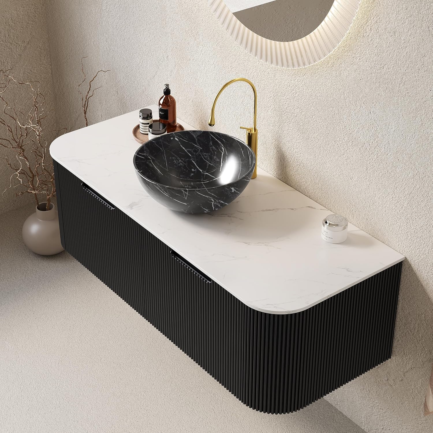 Yayzy 48' Floating Bathroom Vanity with Sink, Solid Wood Fluted Cabinet, White Marble-Patterned Ceramic Basin & Faux Marble Top, Soft-Close Drawer, Pre-Assembled, Gloss Black