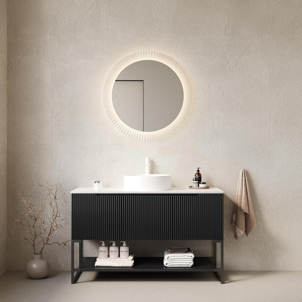 48' Black Bathroom Vanity with Round Ceramic Basin & Marble Top, Freestanding Bathroom Storage Cabinet with 3 Doors and Open Shelf, Modern Single Sink Bathroom Vanities with Soft Close System