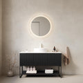 48' Black Bathroom Vanity with Round Ceramic Basin & Marble Top, Freestanding Bathroom Storage Cabinet with 3 Doors and Open Shelf, Modern Single Sink Bathroom Vanities with Soft Close System