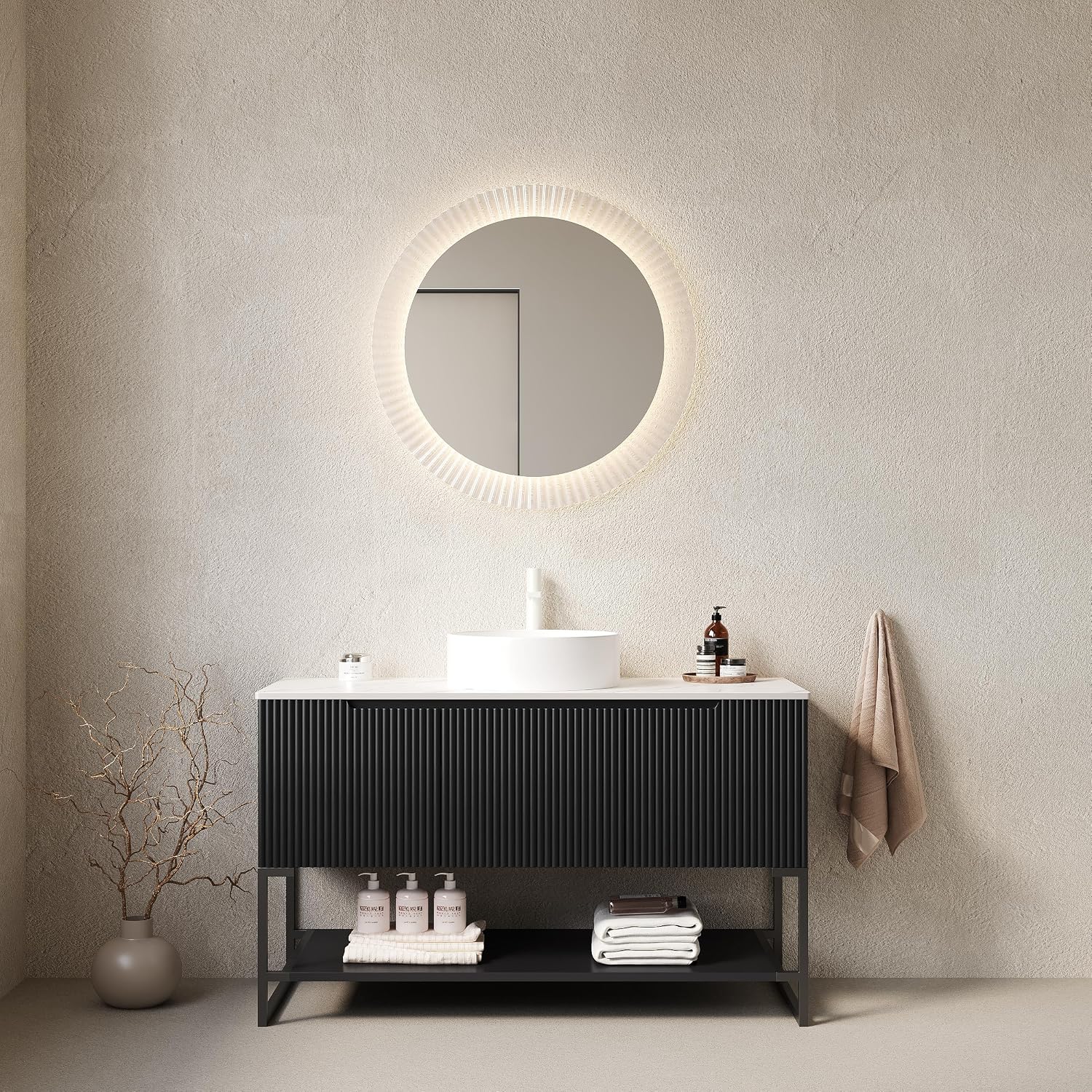 48' Black Bathroom Vanity with Round Ceramic Basin & Marble Top, Freestanding Bathroom Storage Cabinet with 3 Doors and Open Shelf, Modern Single Sink Bathroom Vanities with Soft Close System
