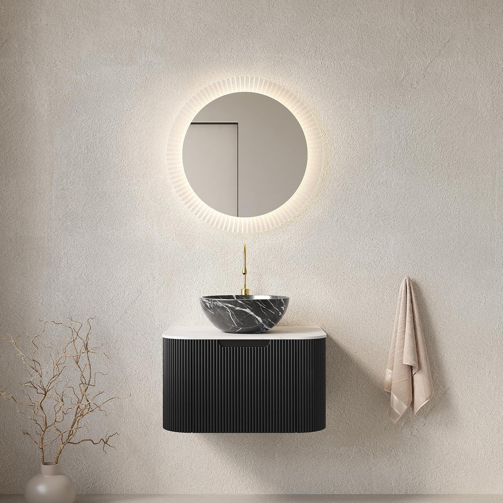 Yayzy 24' Floating Bathroom Vanity with Sink, Solid Wood Fluted Cabinet, White Marble-Patterned Ceramic Basin & Faux Marble Top, Soft-Close Drawer, Pre-Assembled, Gloss Black