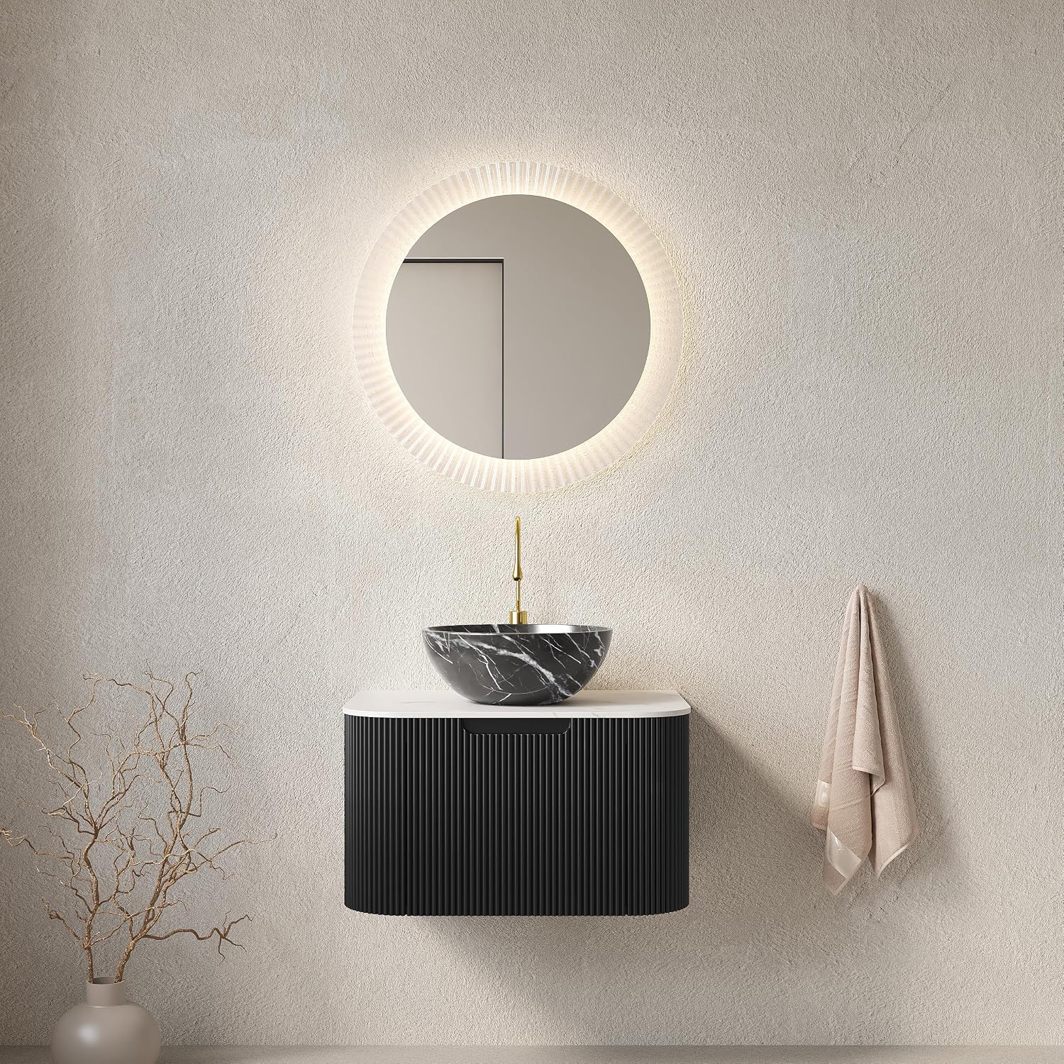 Yayzy 24' Floating Bathroom Vanity with Sink, Solid Wood Fluted Cabinet, White Marble-Patterned Ceramic Basin & Faux Marble Top, Soft-Close Drawer, Pre-Assembled, Gloss Black