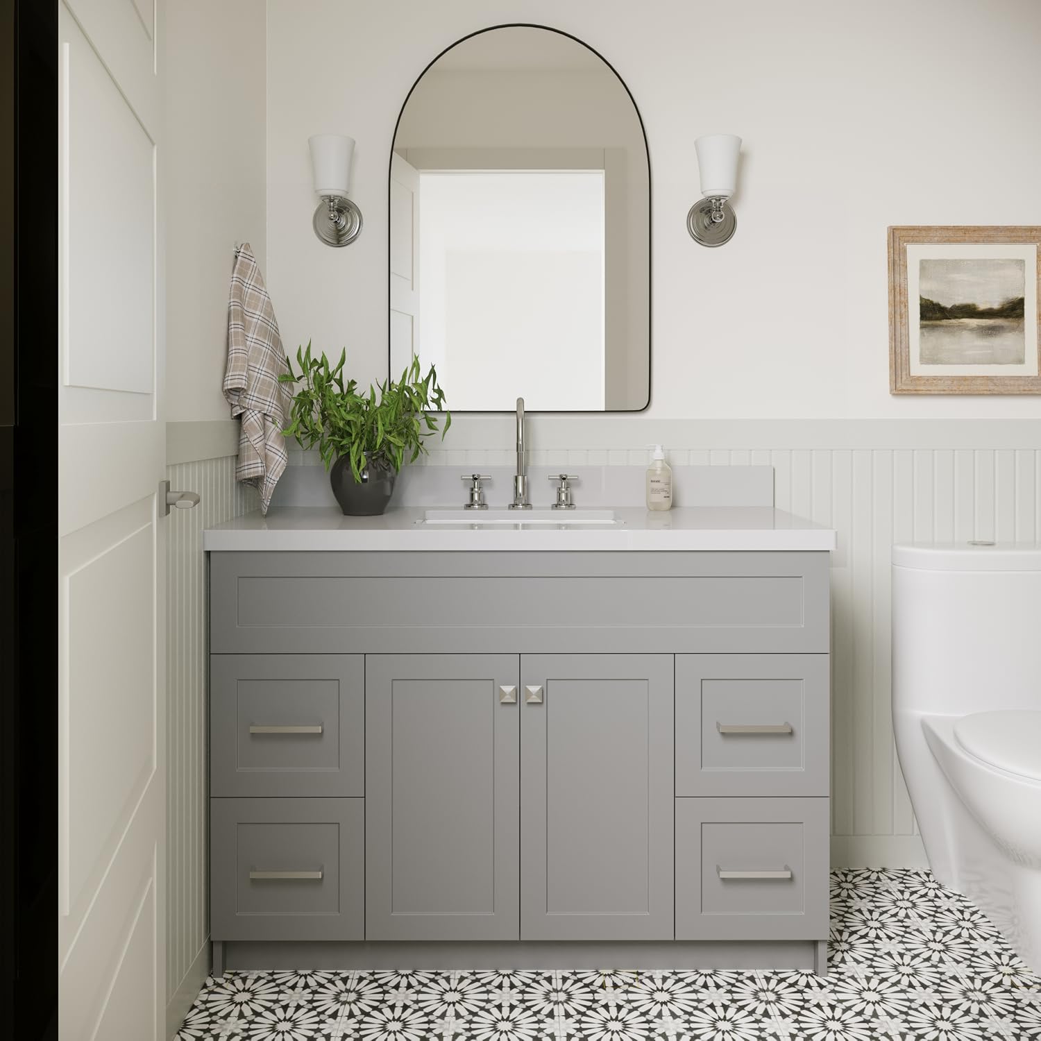 ARIEL Hamlet 48-inch Bathroom Vanity with Sink,Solid Wood, 1.5-inch Pure White Quartz Countertop & Backsplash, Single Rectangular Porcelain Sink, 2 Soft Closing Doors, 4 Dovetail Drawers, Grey