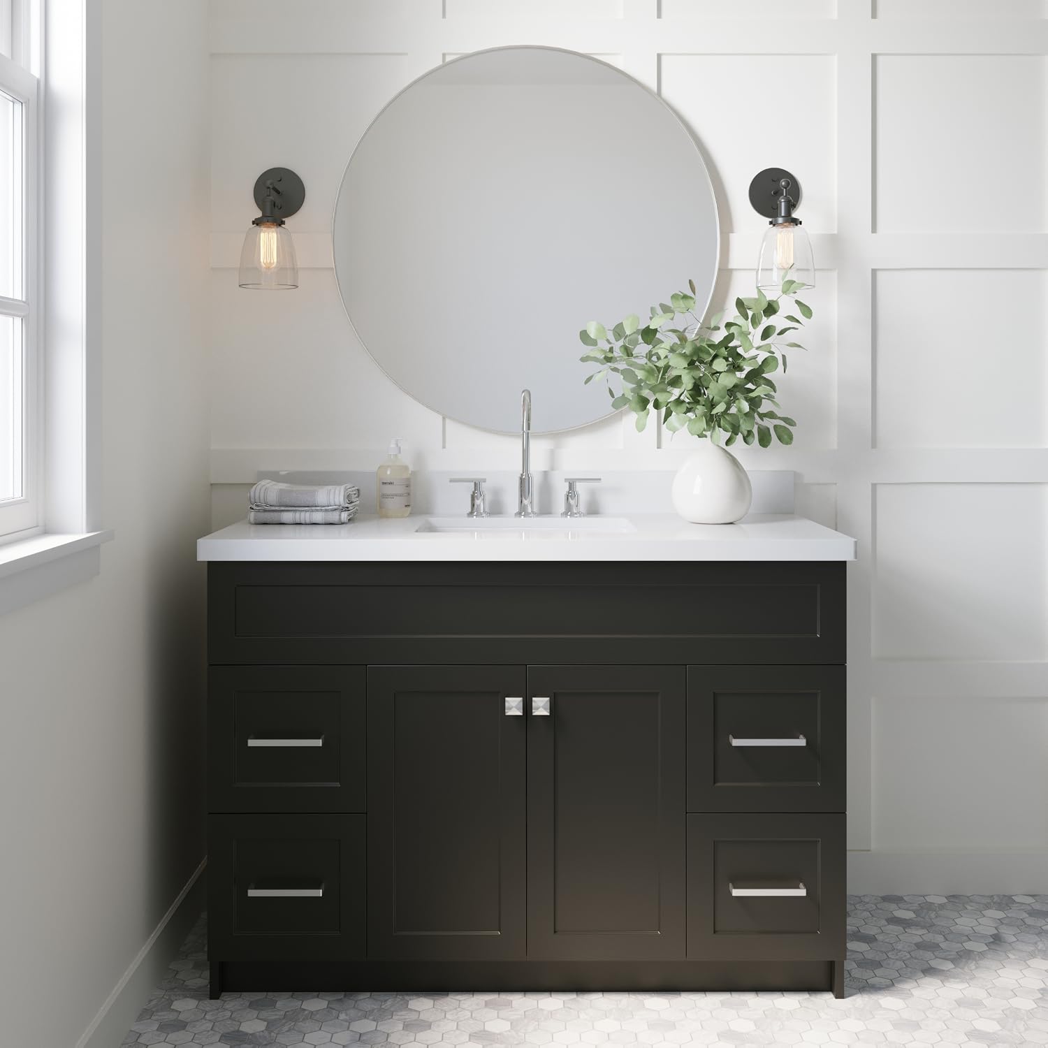 ARIEL Hamlet 48-inch Bathroom Vanity with Sink,Solid Wood, 1.5-inch Pure White Quartz Countertop & Backsplash, Single Rectangular Porcelain Sink, 2 Soft Closing Doors, 4 Dovetail Drawers, Black